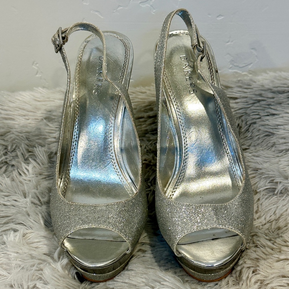 Bakers Silver Glitter Women's Slingback Heels - Picture 2 of 12